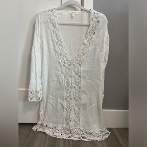 La Blanca White linen cover up with crochet pattern detailing